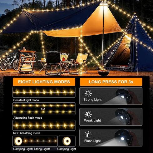 ZQHGMM 32.8ft 8 4-in-1 Warm Camping String Lights, Rechargeable Retractable String Lights, Waterproof Indoor/Outdoor