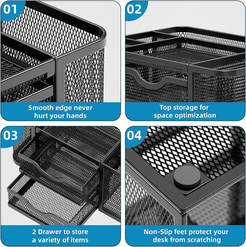 Marbrasse Mesh Desk Organizer, Pen Organizer with 2 Drawers, 5 Compartments for Office Art Supplies, Black