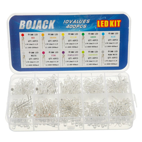 BOJACK 10 Colors 400 pcs 3mm LED Diode Lights Assored Kit Pack (Red/Ora/YEL/Gre/Blu