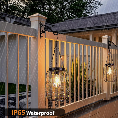 2 Pack Hanging Solar Lanterns Outdoor Waterproof, Vintage Copper Hanging Lantern Lights for Outside, Solar Chandelier
