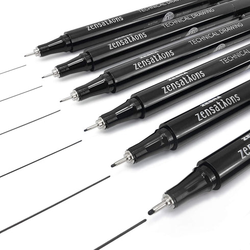 Zebra Zensations Technical Drawing Fineliner Pens - Full Set of 6 Grades, Black Ink