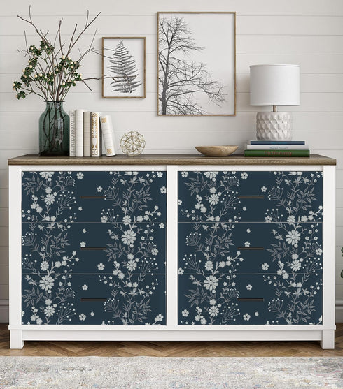 (17.32in 6.56ft) Tonal Floral Peel and Stick Wallpaper Navy Blue Floral Self Adhesive Waterproof Contact Paper