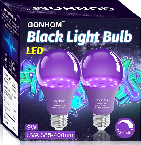 2 Pack A19 LED Black Light Bulbs, Dimmable 9W, E26 Base, 100W Equivalent, Glow in The Dark for Parties, 110V