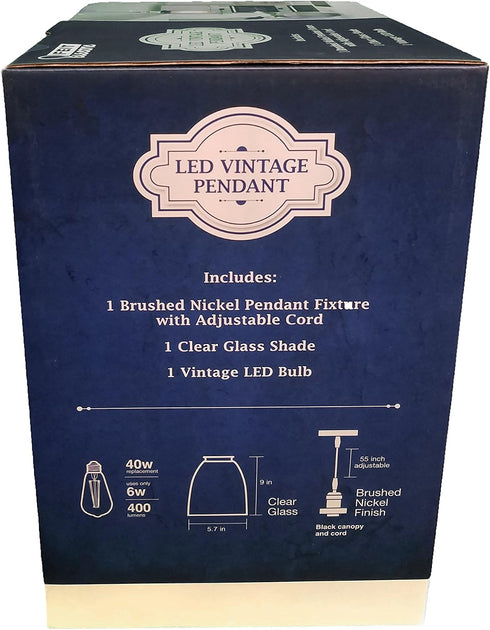 Dimmable 6W (40W Feit Electric LED Vintage Pendant Light Brushed Nickel with Clear Glass Shade, Equivalent)
