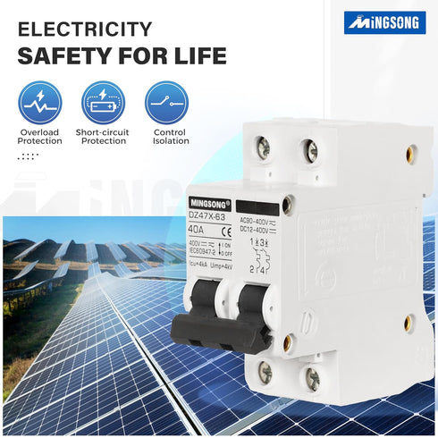 AC Solar Panels Disconnect Switch 40 Amp DC Solar Shut Off Switch 12V-400V 2 Poles Miniature Circuit Breaker for Solar