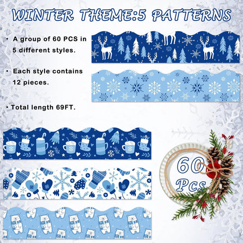 Whaline 69Ft Winter Bulletin Board Borders, Snowflake Snowman Bear Trim, Self-Adhesive for Classroom Decor