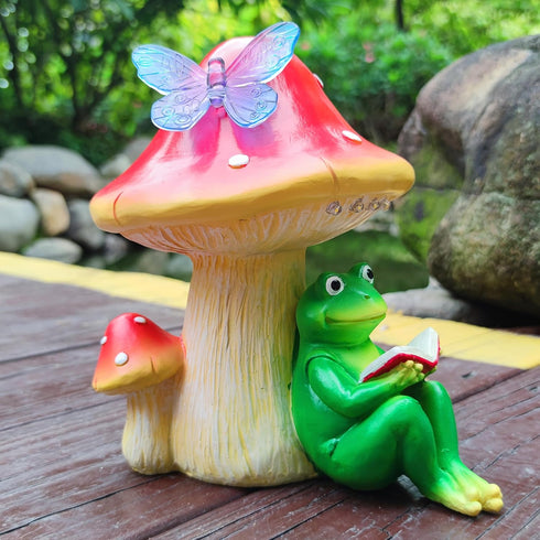 RCTTICUU Solar Frog Mushroom Garden Statues,Statuettes of Resin Frog Mushroom Reading a Book Figurine with LED Solar