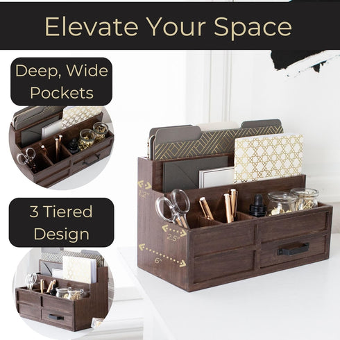 BLU MONACO Brown Wood Mail Organizer with Drawer and Pen Holder, Desk Sorter for Bills and Kitchen Storage