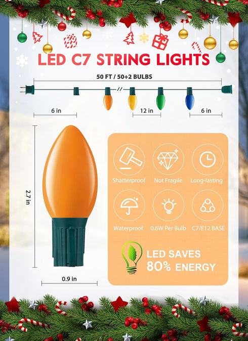 C7 50FT 50+2 Bulbs, Multicolor LED Christmas Lights Outdoor, Colorful Christmas String Lights with Plastic Traditional