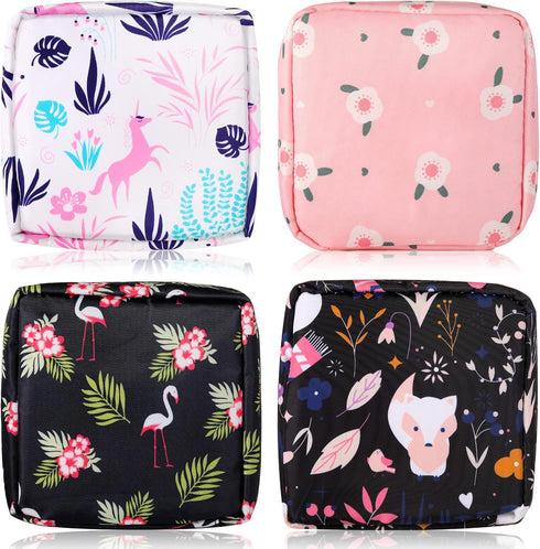 Bulyoou 4 Pack Portable Sanitary Napkin Storage Bag Kit, Cute Schoolfeminine Period Pouch