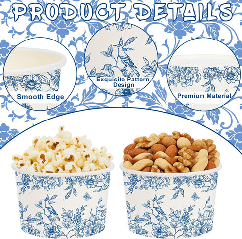 50 Blue Floral Treat Snack Cups - Pcs Blue and White Chinoiserie Disposable Ice Cream Cups Vintage Flower Paper Dessert