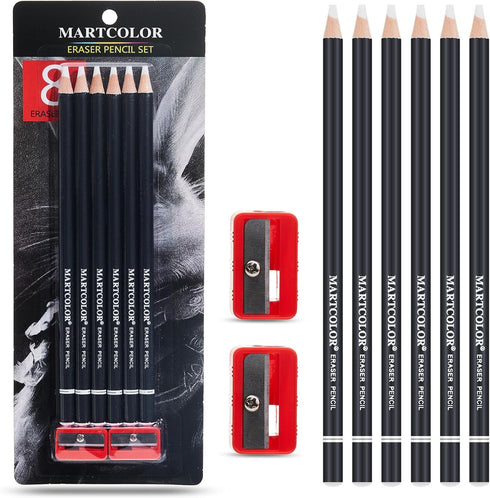 Professional Eraser Pencil Set, 6pc Eraser Pencils and 2pc Sharpener for Sketching and Charcoal Drawings