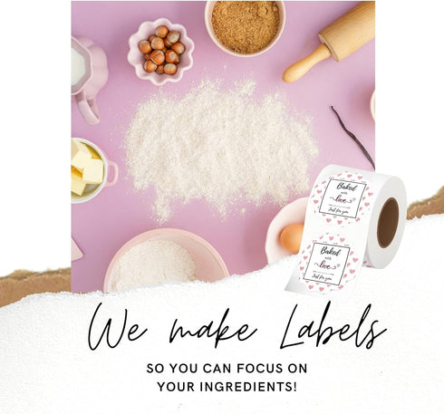 Mobiusea Creation Baked with Love Stickers Roll - Waterproof Scalloped Cut 2 inch Labels for Bakery Packaging