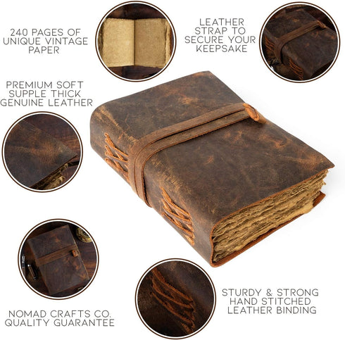 Leather Journal-Vintage Leatherbound Journal - Handmade Antique Deckle Edge Paper - Leather Sketchbook - Book of Shadows Journal - Thick Journal - Vintage Journal by NomadCraftsCo.