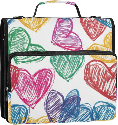 ALAZA 3 500 Heart Crayon Drawing Ring Zipper Binder Sheets Expanding File Folder Bag Case Briefcase with Shoulder Strap
