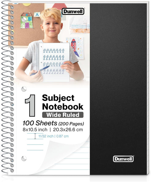 Dunwell 1-Subject Spiral Notebook, Black Plastic Cover, 100 Sheets (200 Pages) Wide Rule, 8x10.5 Paper