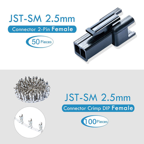 JST SM Connector 2.5 mm Pitch 2-Pin Male Plugs, Female Sockets, 50 Sets/300 Pieces T-Shaped Crimp Terminal Adapter.