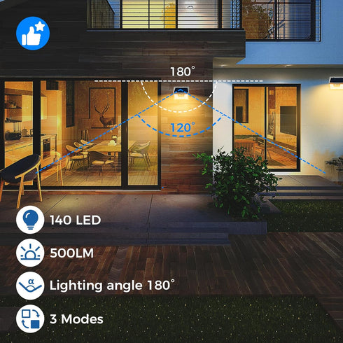 4Pack 140LED 3 Peasur Solar Lights Outdoor Motion Sensor Waterproof, White Solar Powered Fence Lights, Modes Security