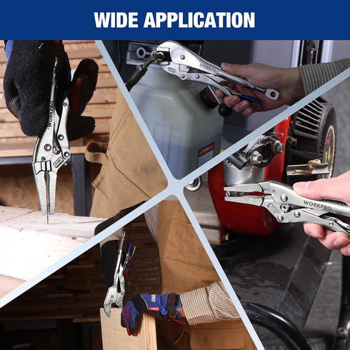2-Piece Set, 6.5 Inch 10 Inch WORKPRO Locking Pliers Long Nose & Curved Jaw, CR-MO Steel Construction with Adjustable