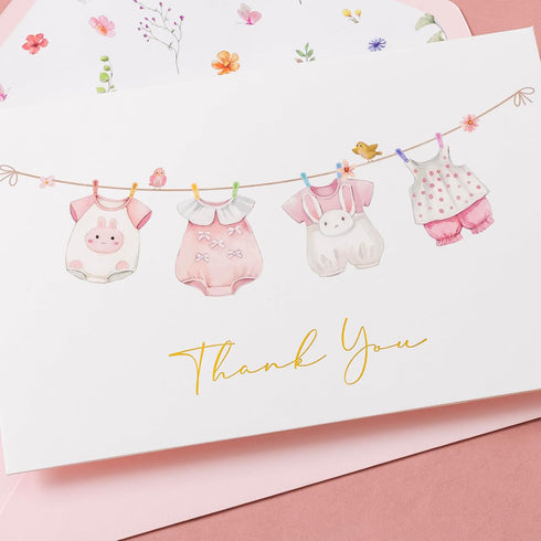50 Pack Crisky Pink Baby Shower Thank You Cards with Envelopes & Stickers, Baby Girl Thank You Cards Bulk