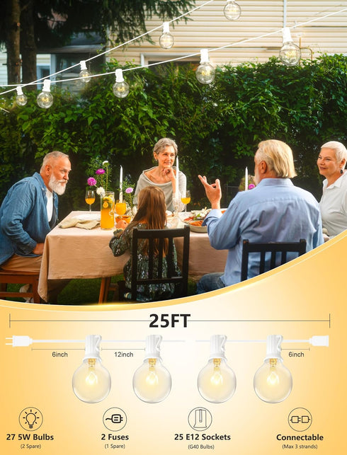25FT G40 27 Bulbs(2 SUNSGNE Globe String Lights, White Outdoor String Lights with Clear Edison Spare) for Patio Balcony