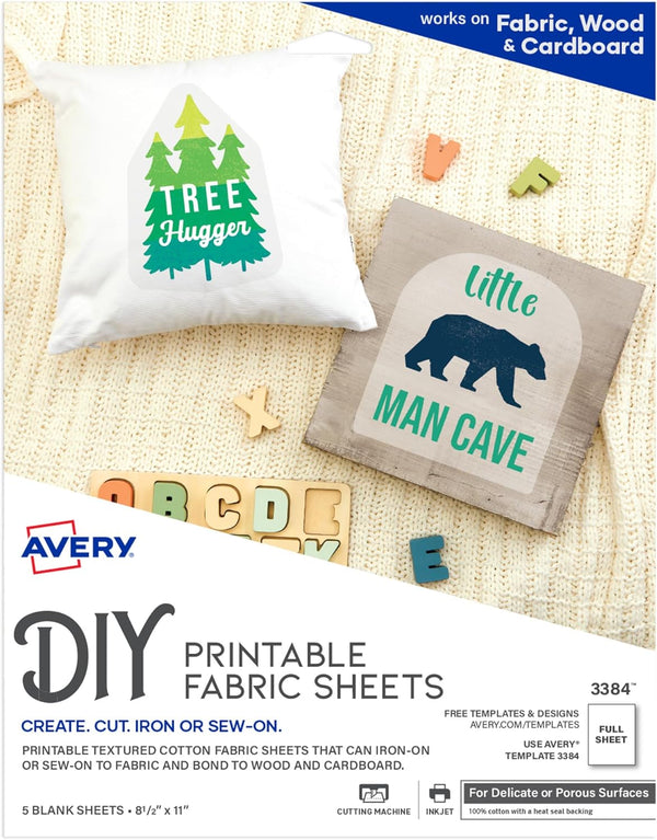 Avery Printable Fabric Sheets, 8.5" x 11", Inkjet Printer, 5 Iron On Transfer Sheets