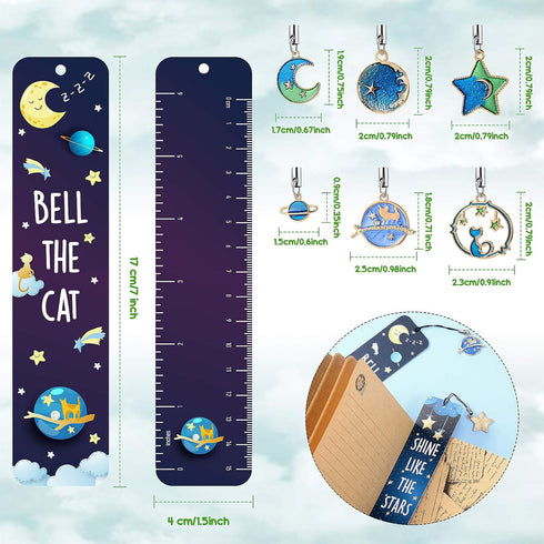 Zonon 12 Pcs Space Bookmarks with Metal Charms, Cat Moon Star Celestial Bookmarks for Children, Inspirational Quotes