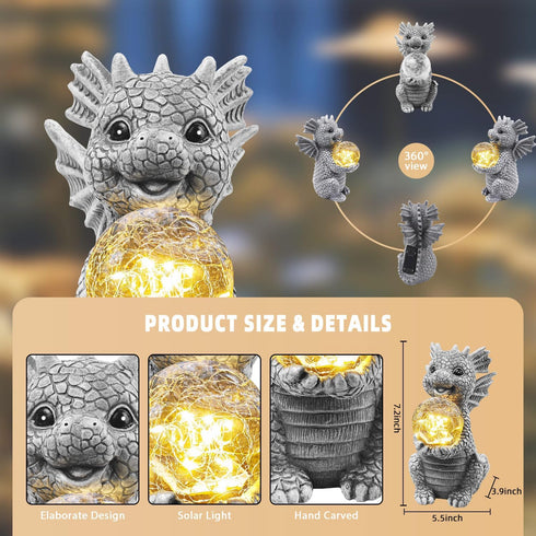Solar Garden Decorations - Dragon Statue with Crackle Glass Ball Light - Garden Decor for Patio, Yard, Lawn, Pathway