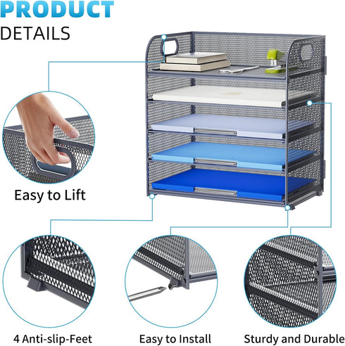 Marbrasse Paper Organizer Letter Tray, 5 Tier Mesh File Organizer with Handle for Home Office Supplies - Grey