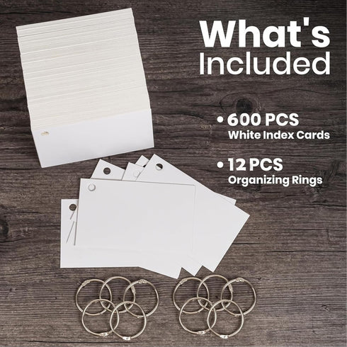 600 3 5 Inch 12 Index Cards, PCS x Punched Flash Cards with Organizing Rings, White Flashcards for Studying, Blank Memo