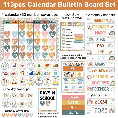 Boho Rainbow Classroom Calendar Set Bulletin Board Sets for Teachers Boho Classroom Calendar Decorations with Seasons Festival Weather Days of the Week for PreSchool Home Office Wall by Qyeahkj