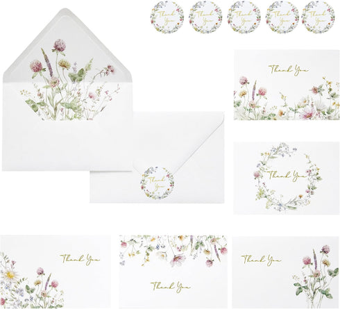 ponatia 50 PACK Floral Thank You Cards With 4x6 Envelopes - Gold