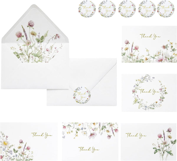 ponatia 50 PACK Floral Thank You Cards With 4x6 Envelopes - Gold