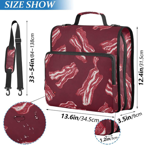 Fisyme 3 Red Bacons Retro Zipper Binder Ring with Zipper and Shoulder Strap Large Capacity Multi-Pocket Binder