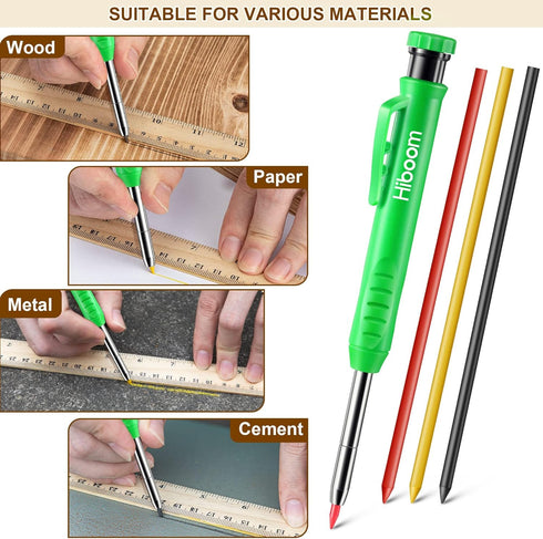 Hiboom 2 Pack Solid Carpenter Pencils with Pencil Cap and 18 Refills, Long Nose Mechanical Pencil Marker for