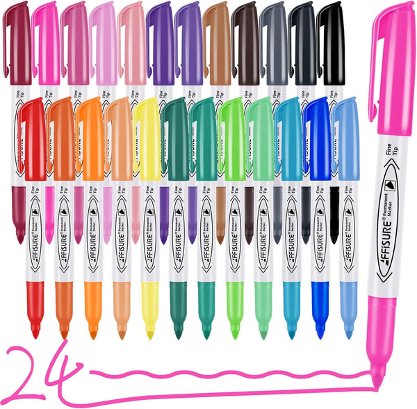 Permanent Markers Assorted Colors Set, 24 Colored Markers 24 Pack, Fine PointWorks