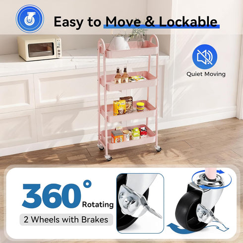 4-Shelf NEWBULIG Rolling Storage Cart, Metal Mobile Utility Organizer Shelf with Lockable Wheels, Space-Saving