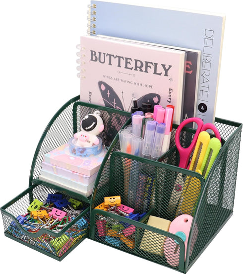 Mesh Desk Organizer with 6 Compartments and 1 Drawer, Multi-Functional Caddy Pen Holder for Home Office School Decor