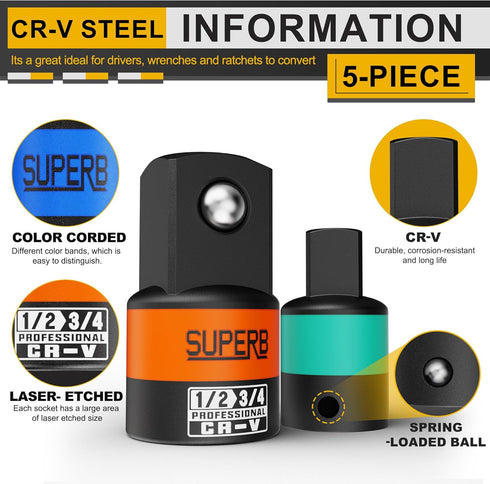 Aiourx 5-Piece Set, 1/4", 3/8", 1/2" Impact Socket Adapter Socket Converter&Reducer, Cr-V Steel, Impact Driver & Wrench