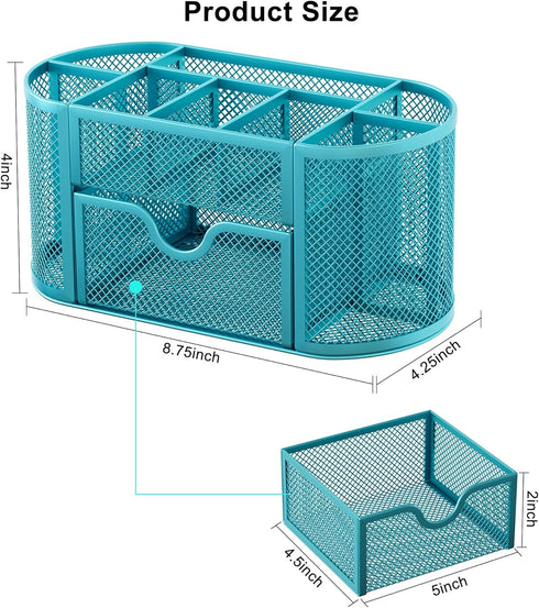 EasyPAG Mesh Desk Organizer, Multi-functional Stationery Holder for School Supplies, 9 Compartments, Blue