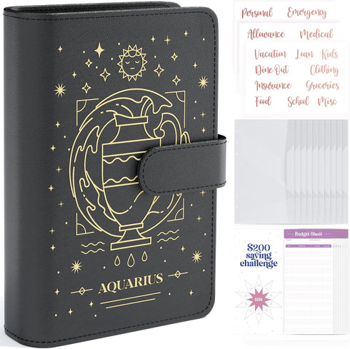 SOUL MAMA A6 Zodiac Budget Binder with Cash Envelopes, Black Aquarius Money Organizer, Rose Gold Stickers