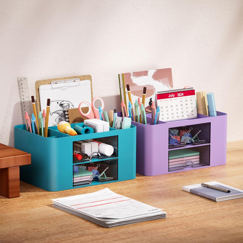 Marbrasse Pen Organizer with 2 Drawers, Multi-Functional Pencil Holder for Desk, 5 Compartments + Drawer for Art