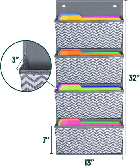 Folder Hanging Wall Mounted Storage Holder Pocket Chart, Fabric Organizer for Home School - Wave Pattern (4 Pockets)