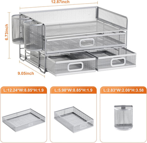 Marbrasse 3 Tier Mesh Desk Organizer with Drawer, Multi-Functional Paper Letter Organizer and Accessories for Home