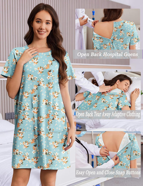 Deyeek Women's Adaptive Hospital Gowns - Short Sleeve, Open Back, Tear Away Design with Pockets