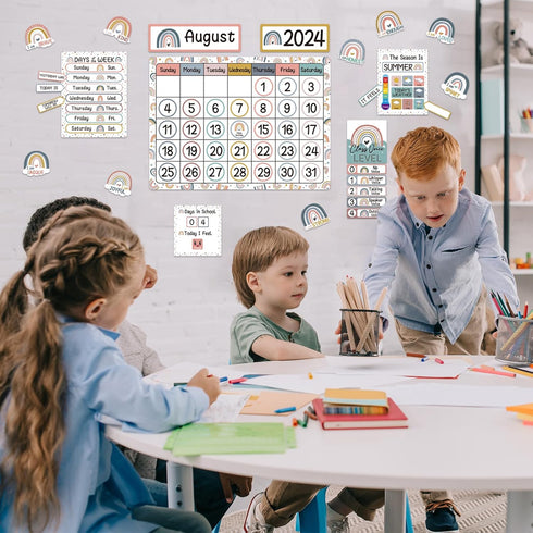 Boho Rainbow Calendar Bulletin Board Set with Seasons, Festival, Weather for Classroom Decoration