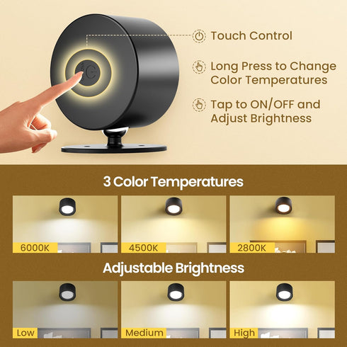 3CCT Dimmable, 360Rotation Black-2 Pack LED Wall Mounted Lamps, Battery Operated Rechargeable Wall Lights,