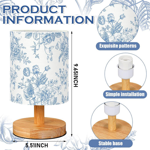VIHOSE Blue Floral Kids Table Lamp for Bedroom Kids Bedside Lamp with Linen Wooden Nightstand Cartoon Nursery Lampshade