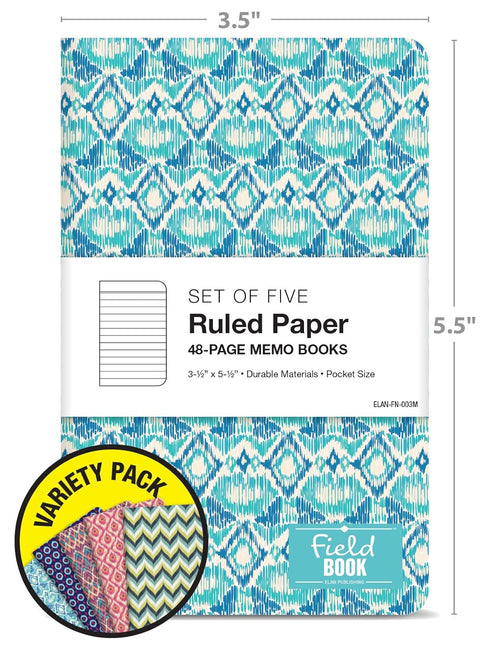 Elan Publishing Company Field Notebook/Pocket Journal - 3.5"x5.5" - Ikat Patterns - Lined Memo Book - Pack of 5