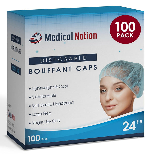 MEDICAL NATION 24" Disposable Bouffant Caps Hair Net | 100 Pack, Blue